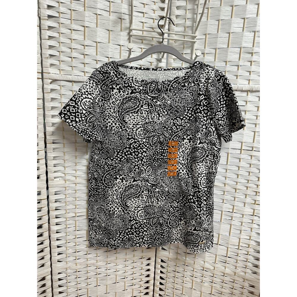 Jones New York Womens Shirt Top Size M Black/White Paisley Short Sleeves NWT